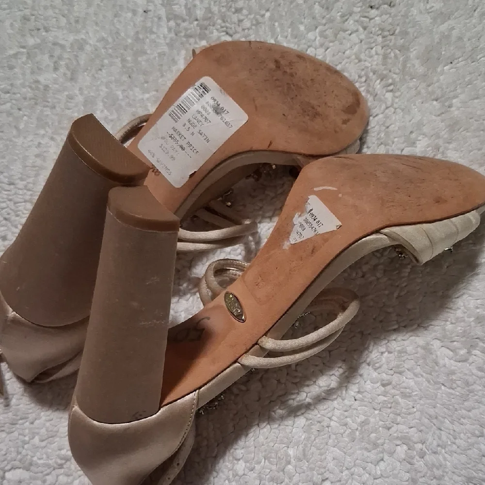 Badgley Mischka Champagne Satin Crystal T-Strap Heels - Picture 5 of 10